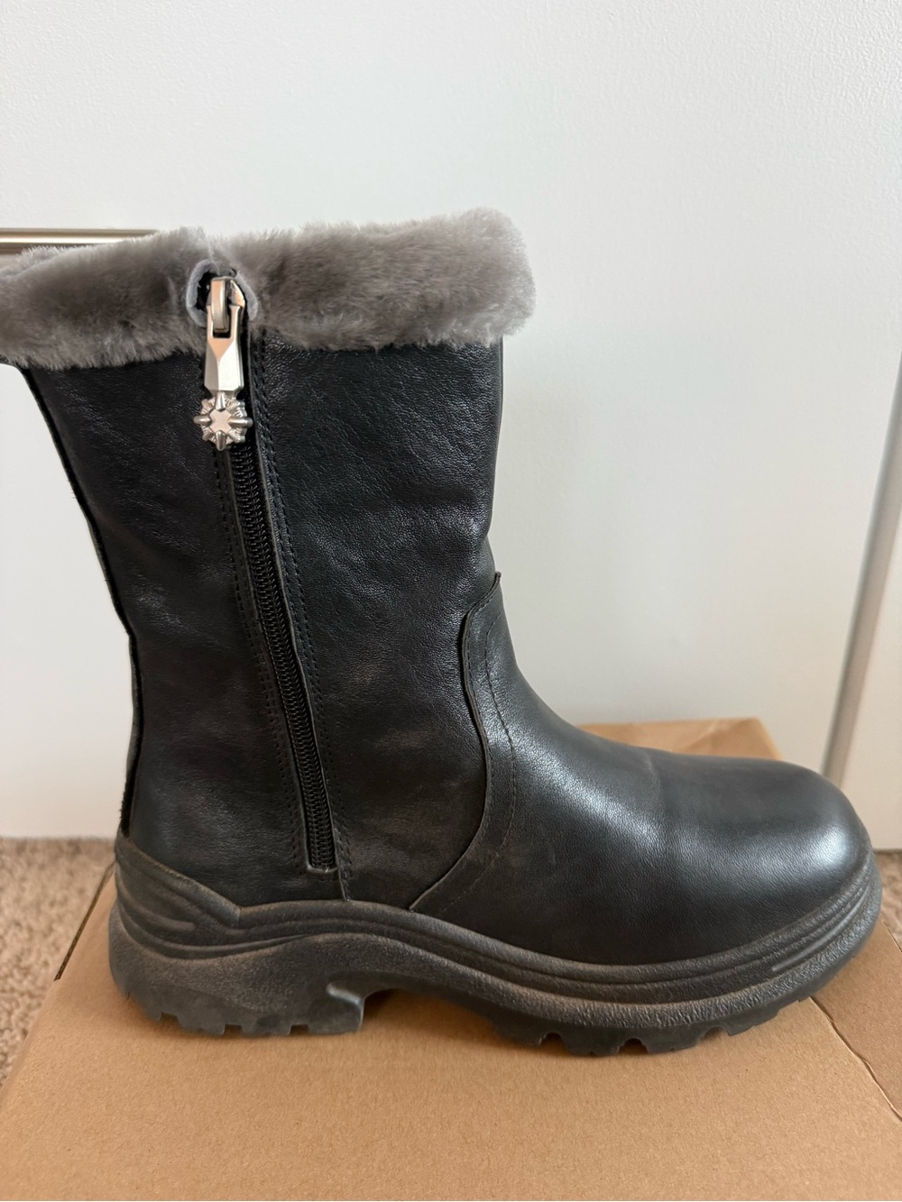 Black Faux-Fur Trim Winter Ankle Boot with Side Zip